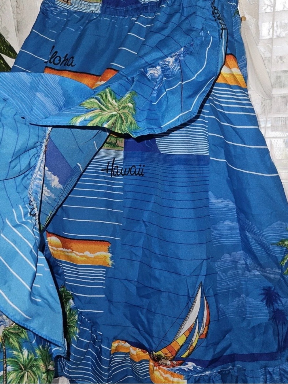 Vintage 70s Shoreline Hawaii Blue Tropical Off Shoulder Ruffle Midi Dress SMALL - Picture 3 of 7